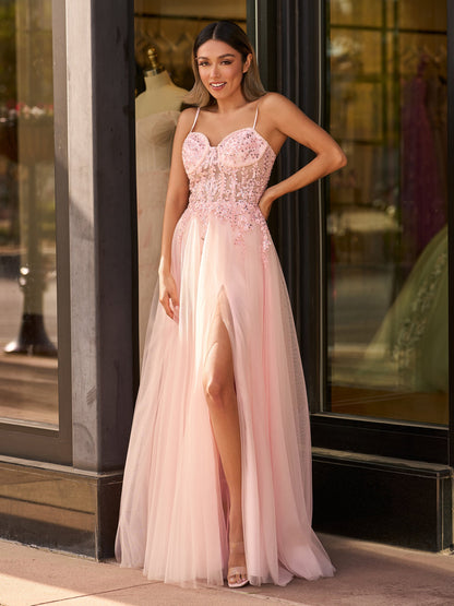 A line Spaghetti Straps Lace Floor Length Tulle Prom Dress with Slit