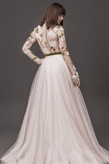 Lace Long Sleeves Floral A line Wedding Dresses Pleated Tulle Bridal Gowns Online