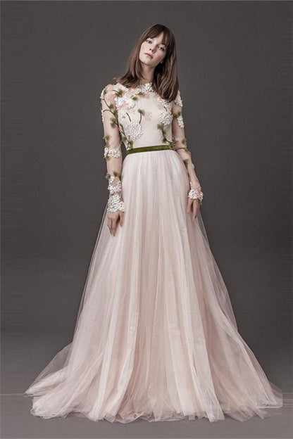 Lace Long Sleeves Floral A line Wedding Dresses Pleated Tulle Bridal Gowns Online