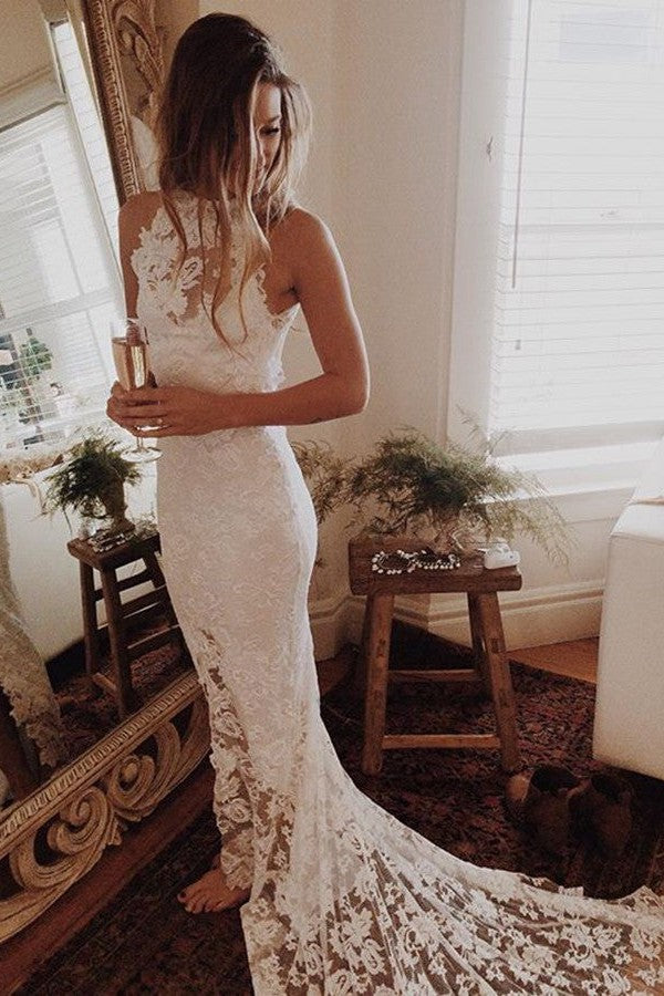 Lace Mermaid Sleeveless Halter Chapel Train Wedding Dresses