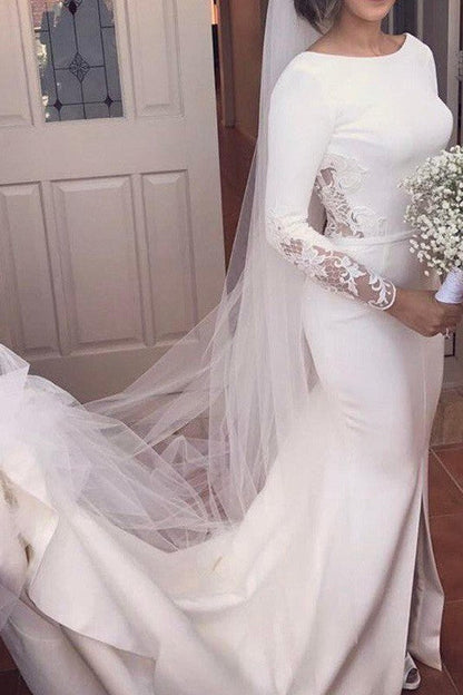 Lace Satin Long Sleevess Mermaid Scoop Court Train Wedding Dresses