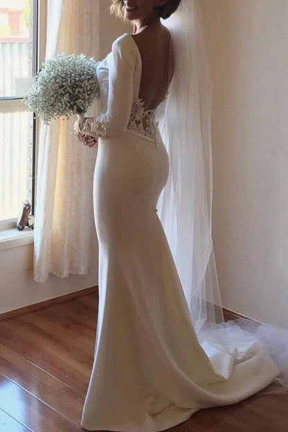 Lace Satin Long Sleevess Mermaid Scoop Court Train Wedding Dresses