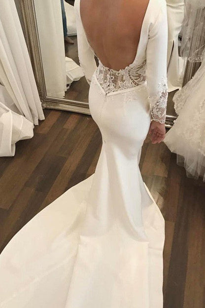 Lace Satin Long Sleevess Mermaid Scoop Court Train Wedding Dresses