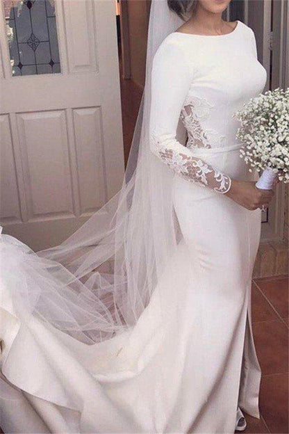 Lace Satin Long Sleevess Mermaid Scoop Court Train Wedding Dresses