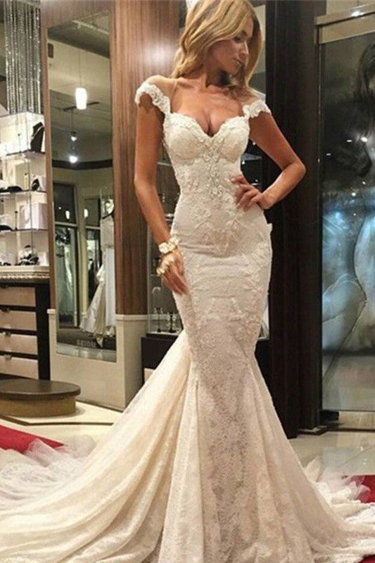 Lace Sleeveless Sweep Train Mermaid V neck Wedding Dresses