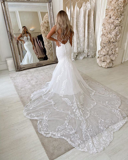 Lace Straps Mermaid Wedding Dresses Bandage Appliques Bridal Gowns