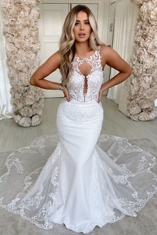 Lace Straps Mermaid Wedding Dresses Bandage Appliques Bridal Gowns