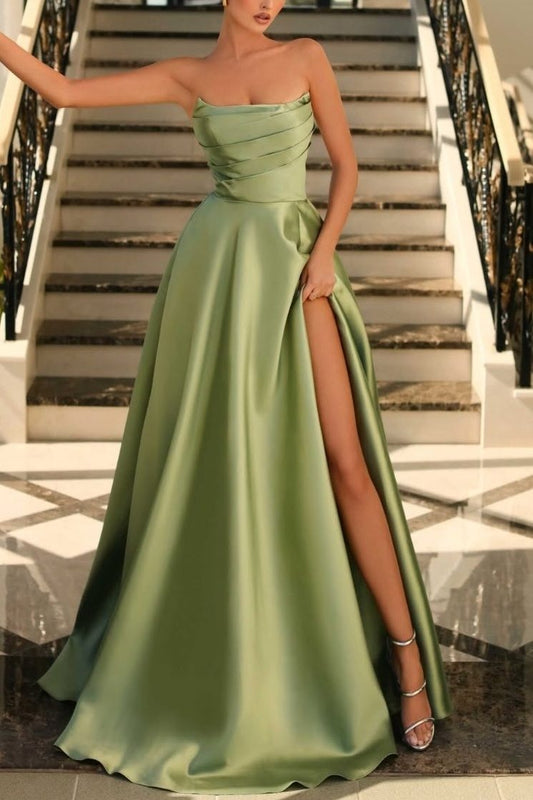 Lachlan | Satin A-Line Scoop Empire-Waist Pleated Satin High Slit Formal Prom Dress