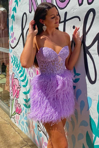 LTP1751,Sweetheart Feather Skirt Lavender Tight Homecoming Dress, Short Prom Dresses