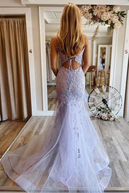 Leighton |Mermaid V neck Lace Glitter Tulle Prom Dress