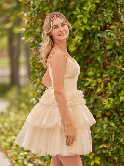 Layla | A-Line Deep V Neck Tiered Short Homecoming Dress