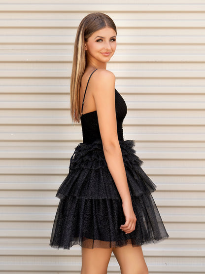 Layla | A-Line Deep V Neck Tiered Short Homecoming Dress