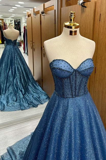 Leon | Navy Blue Sequin Beaded Sweetheart A-Line Long Prom Dress