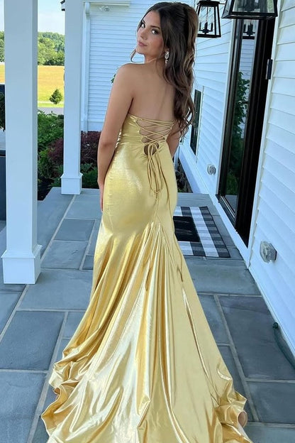 Leroy | Mermaid Yellow V-Neck Metallic Long Prom Dresses with Slit