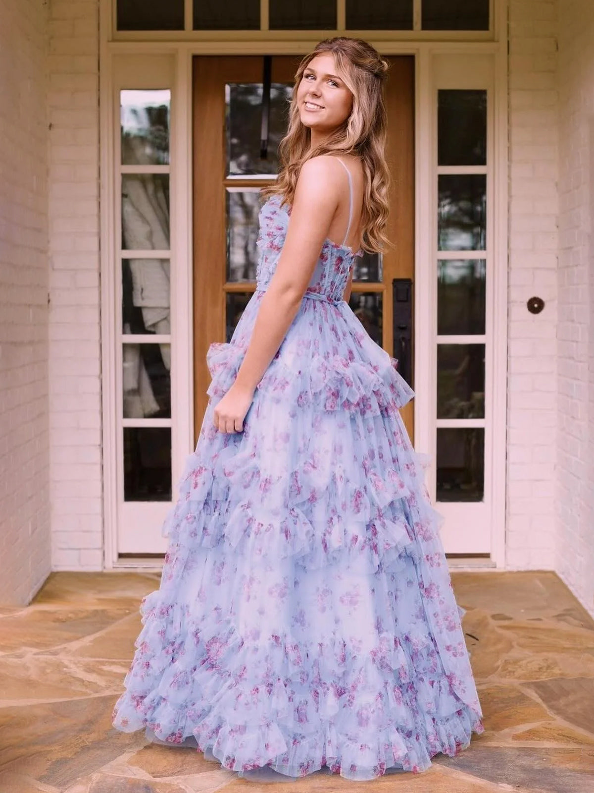 Leslie | A-Line Blue Floral Corset Tulle Ruffles Long Prom Dresses