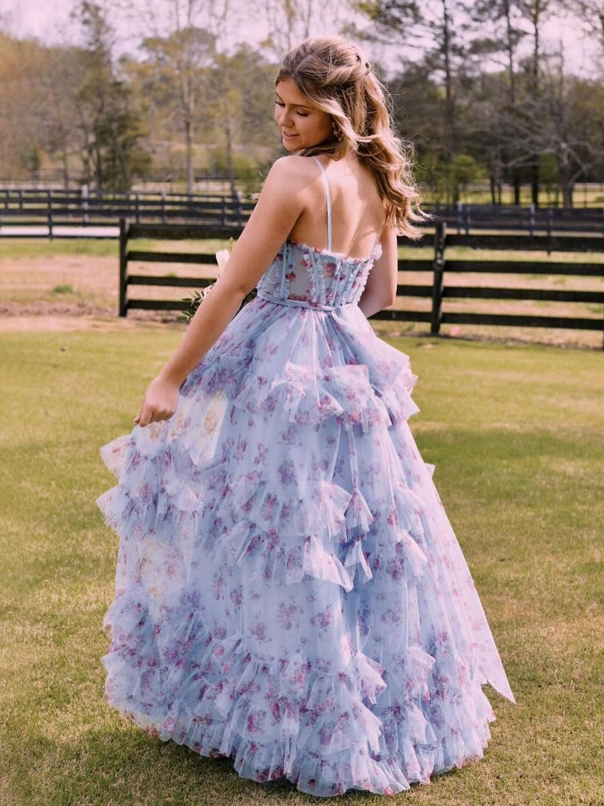 Leslie | A-Line Blue Floral Corset Tulle Ruffles Long Prom Dresses