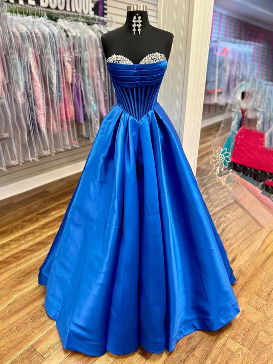 Liabelle | A-Line Beaded Sweetheart Royal Blue Satin Prom Dress