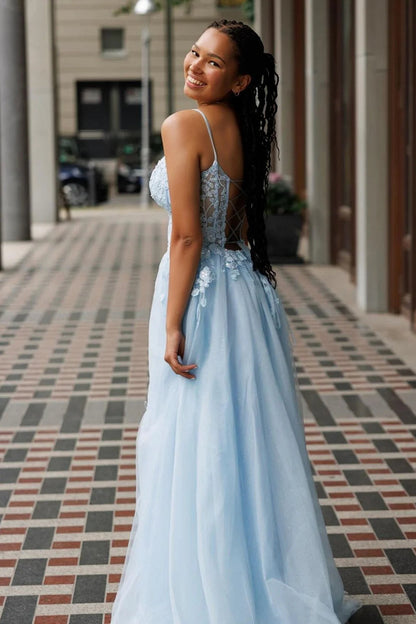 Bertram | A-Line Tulle Blue Long Corset Spaghetti Straps Prom Dress with Appliques