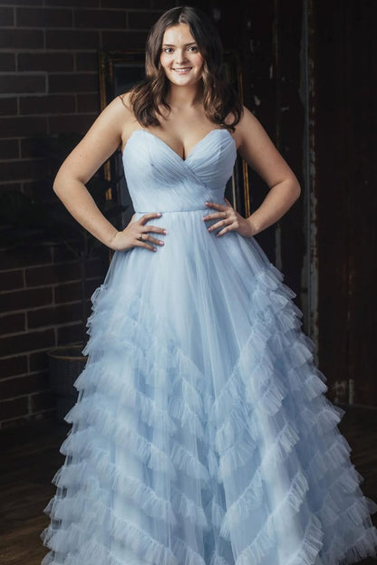 Light Blue Strapless Ruffle Long Prom Dress