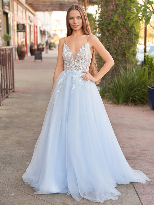 Cynthia | Light Blue V Neck Lace-Up Appliques Tulle Long Prom Dress