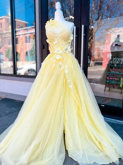 Jayna | Light Yellow One Shoulder 3D Appliques Beading Long Prom Dress with Slit