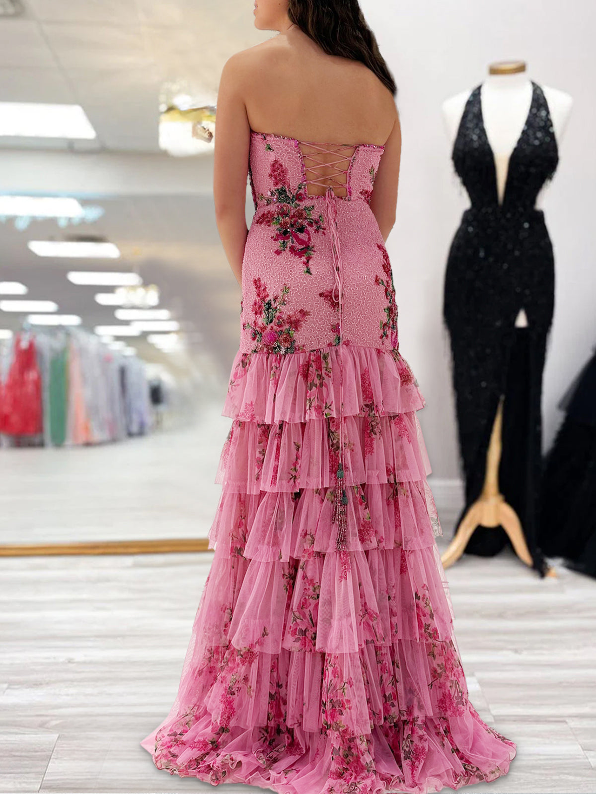 Liko | Pink Strapless Sequins Floral Printed Ruffle Tiered Mermaid Prom Dresses With Slit