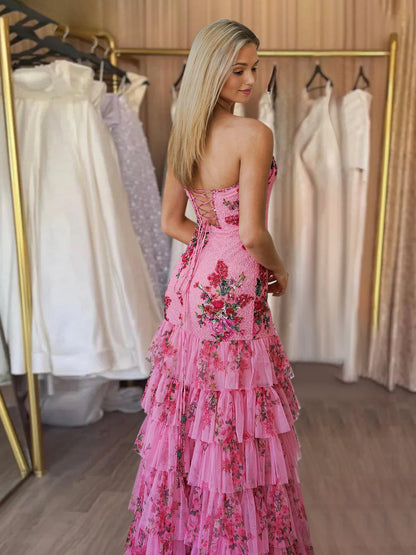 Liko | Pink Strapless Sequins Floral Printed Ruffle Tiered Mermaid Prom Dresses With Slit