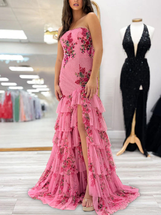 Liko | Pink Strapless Sequins Floral Printed Ruffle Tiered Mermaid Prom Dresses With Slit