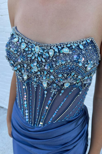 Lila | Strapless Mermaid Satin Beaded Prom Dress With Split