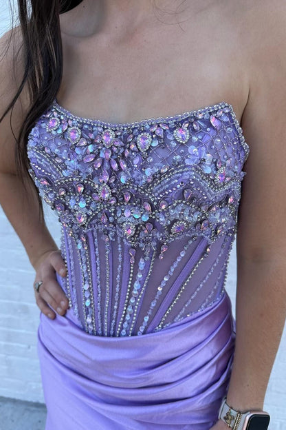 Lila | Strapless Mermaid Satin Beaded Prom Dress With Split