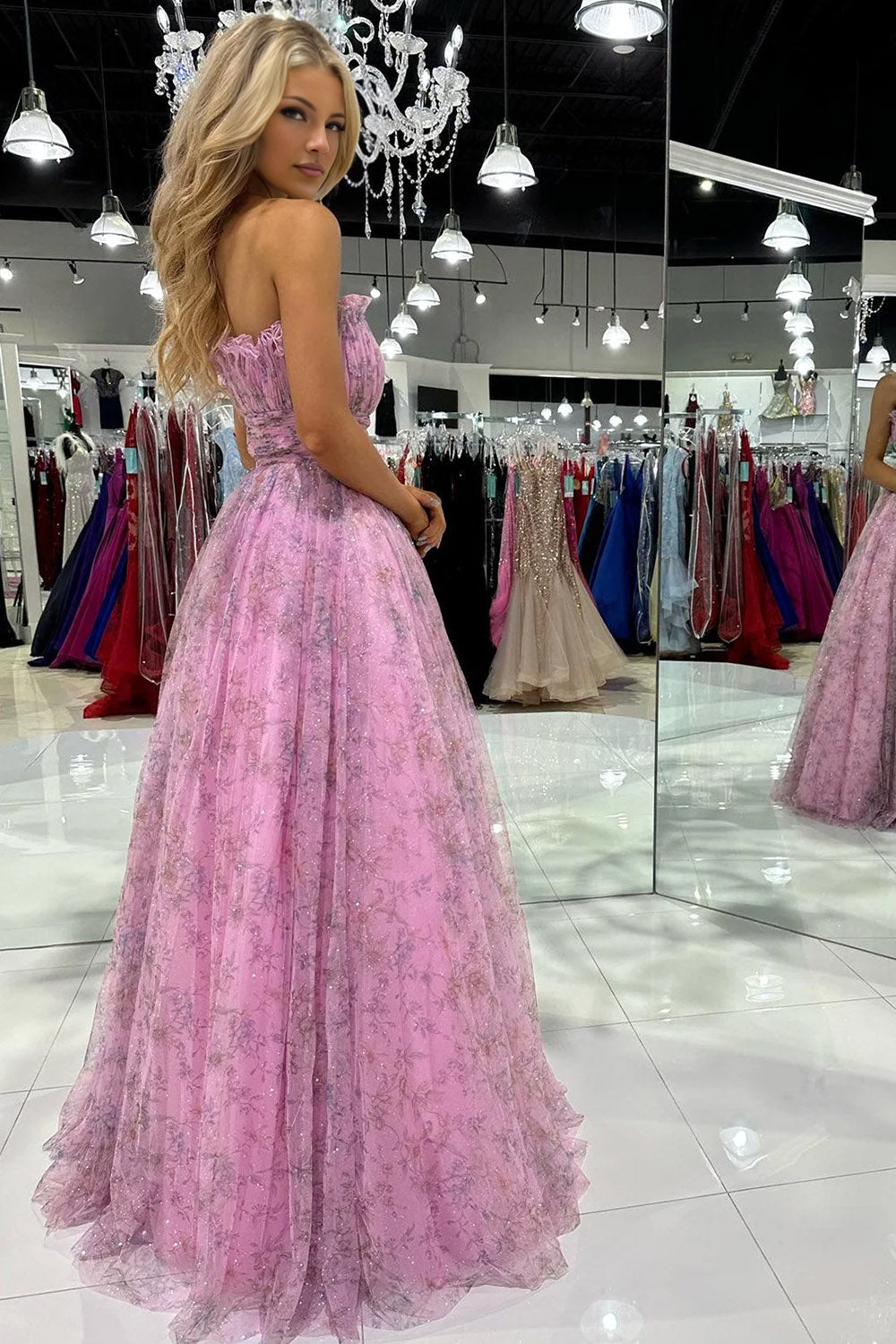 Amani |A line Strapless Printed Glitter Tulle Prom Dress