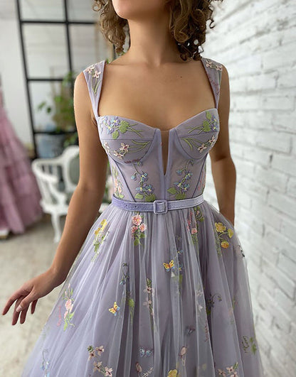 Alicia |A-line Lilac Tea Length Tulle Prom Dress with Embroidery