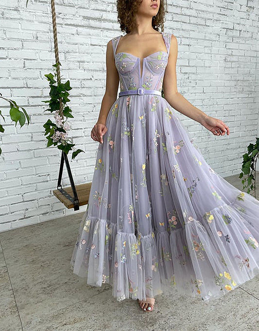 Alicia |A-line Lilac Tea Length Tulle Prom Dress with Embroidery