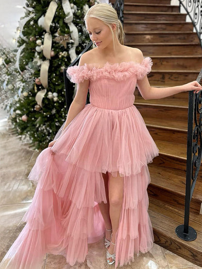 Linen | Pink Off The Shoulder Tulle A Line Prom Dress With Split