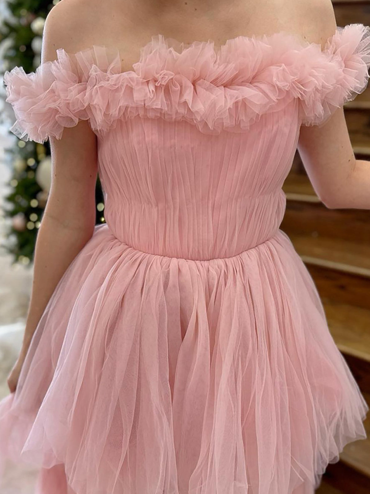 Linen | Pink Off The Shoulder Tulle A Line Prom Dress With Split