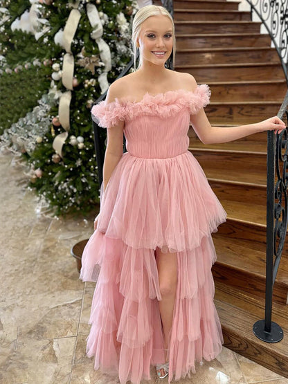 Linen | Pink Off The Shoulder Tulle A Line Prom Dress With Split