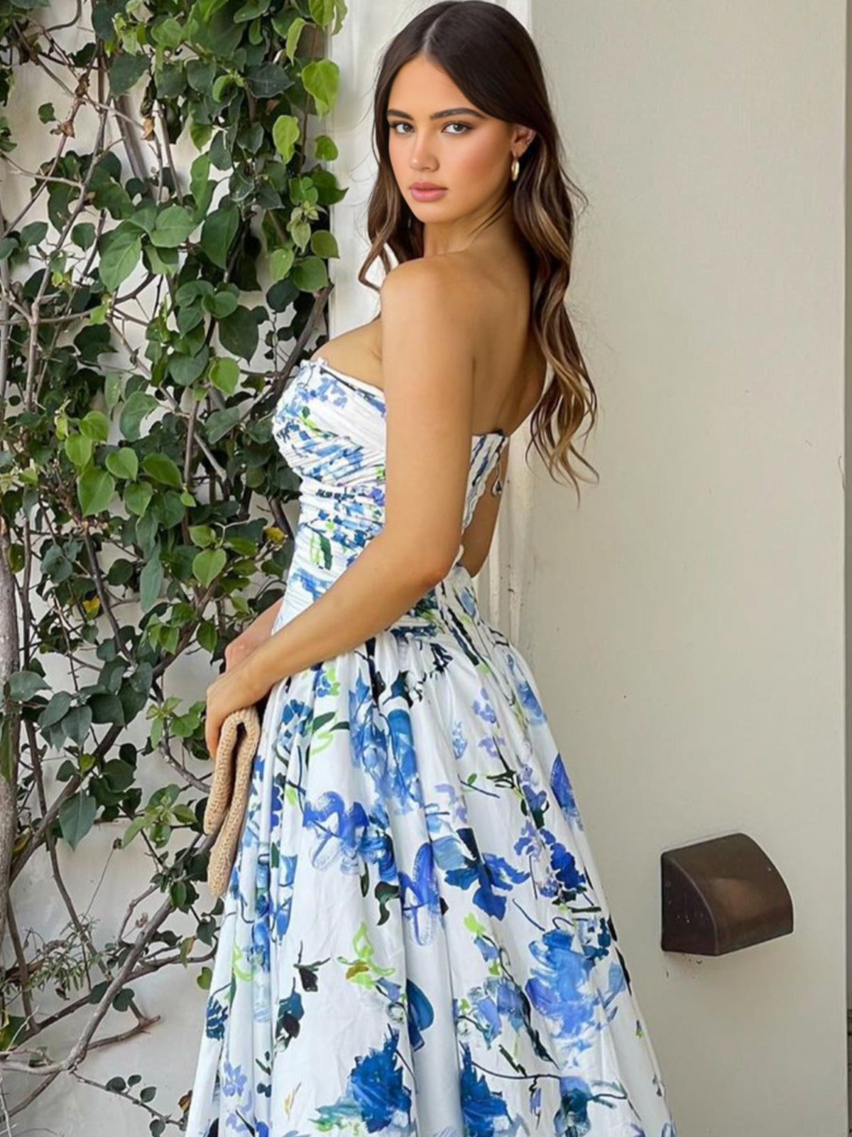 Litte | A-Line Blue Printed Strapless Long Prom Dress