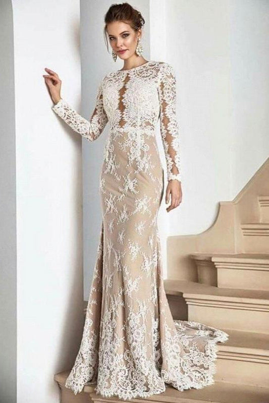 Long sleeves Champange Princess Lace Floor length V-neck Wedding Dresses