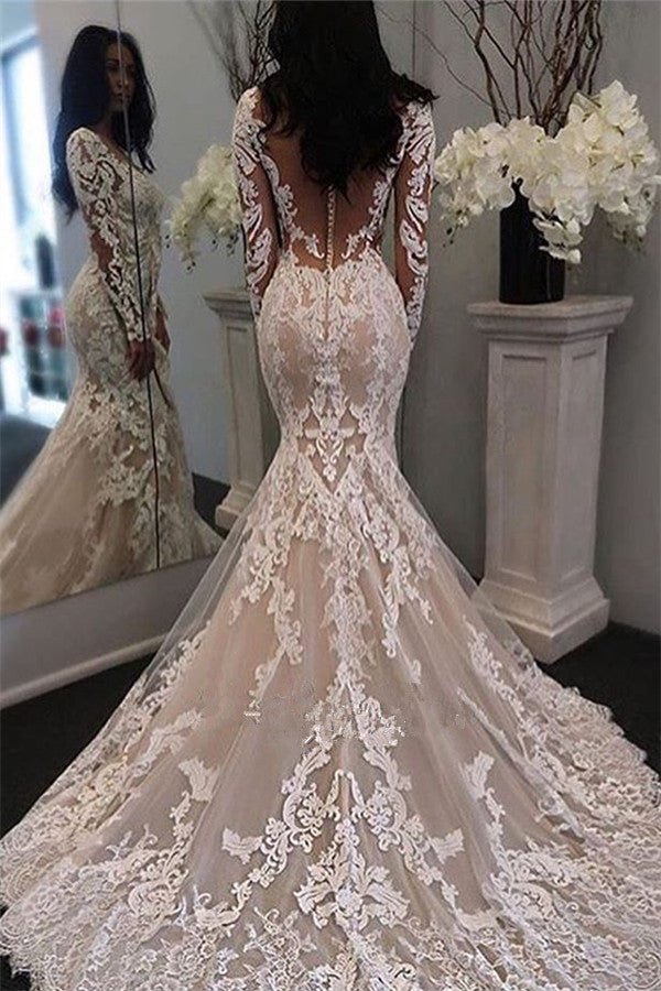 Long Sleeves Lace Mermaid Btidal Gowns AmazingRetro Sheer Tulle Wedding Dress