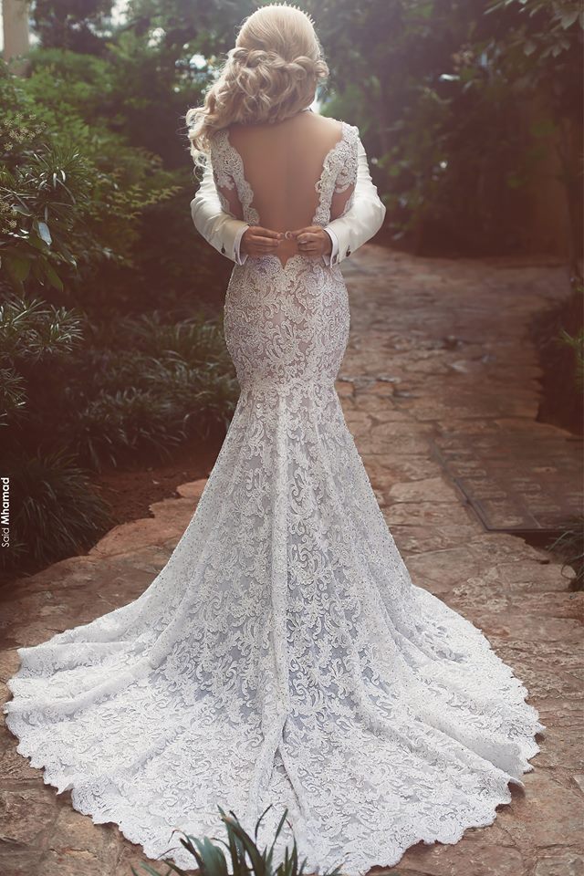 Long Sleeves Mermaid Lace Wedding Dress Modern Open Back V neck Classic Bridal Gown