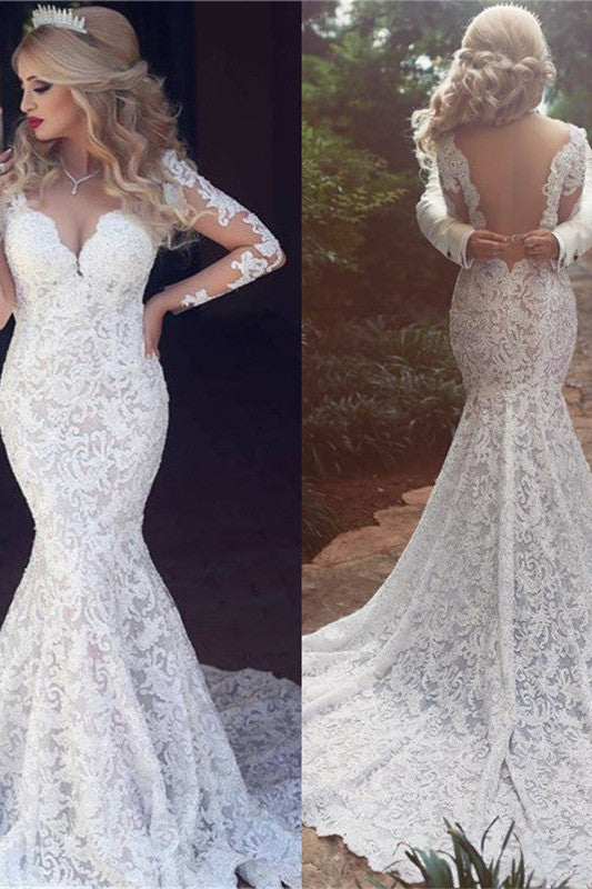 Long Sleeves Mermaid Lace Wedding Dress Modern Open Back V neck Classic Bridal Gown