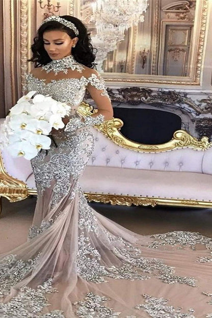 Long Sleeves Silver High Neck Popular Evening Dress Lace Mermaid Luxurious Wedding Dresses