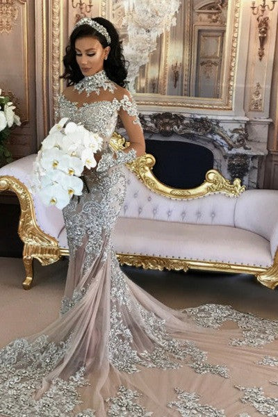 Long Sleeves Silver High Neck Popular Evening Dress Lace Mermaid Luxurious Wedding Dresses