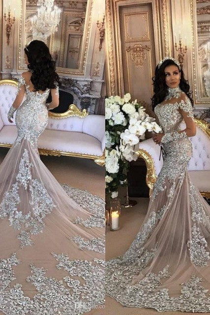 Long Sleeves Silver High Neck Popular Evening Dress Lace Mermaid Luxurious Wedding Dresses