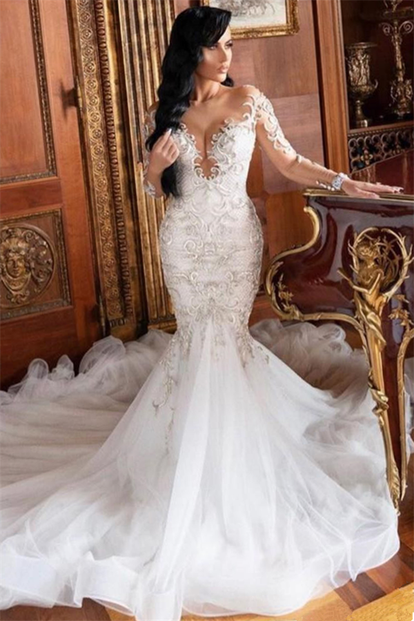 Long Sleeves V neck Mermaid Court train Summer Wedding Dress