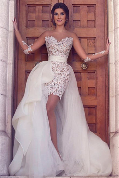 Long Sleeves Wedding Dress with Detachable Train Latest Short Lace Bridal Gown