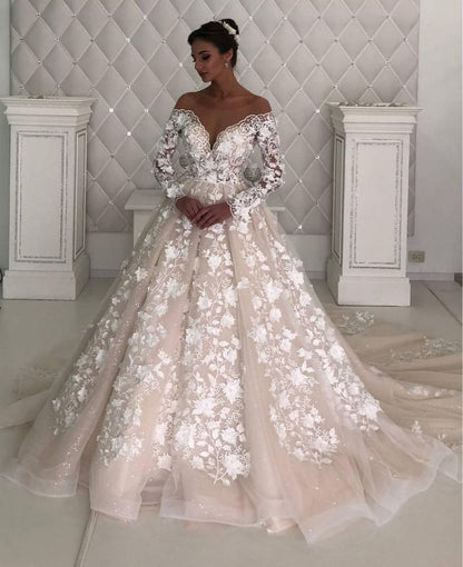 Long Sleevess A line Lace Designer wedding dresses with sleeves