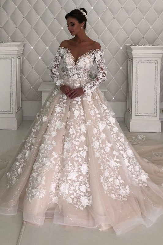 Long Sleevess A line Lace Designer wedding dresses with sleeves