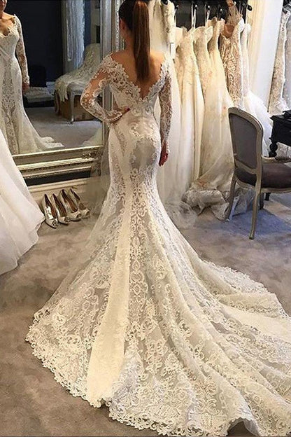 Long Sleevess Lace Mermaid Court Train V neck Wedding Dresses