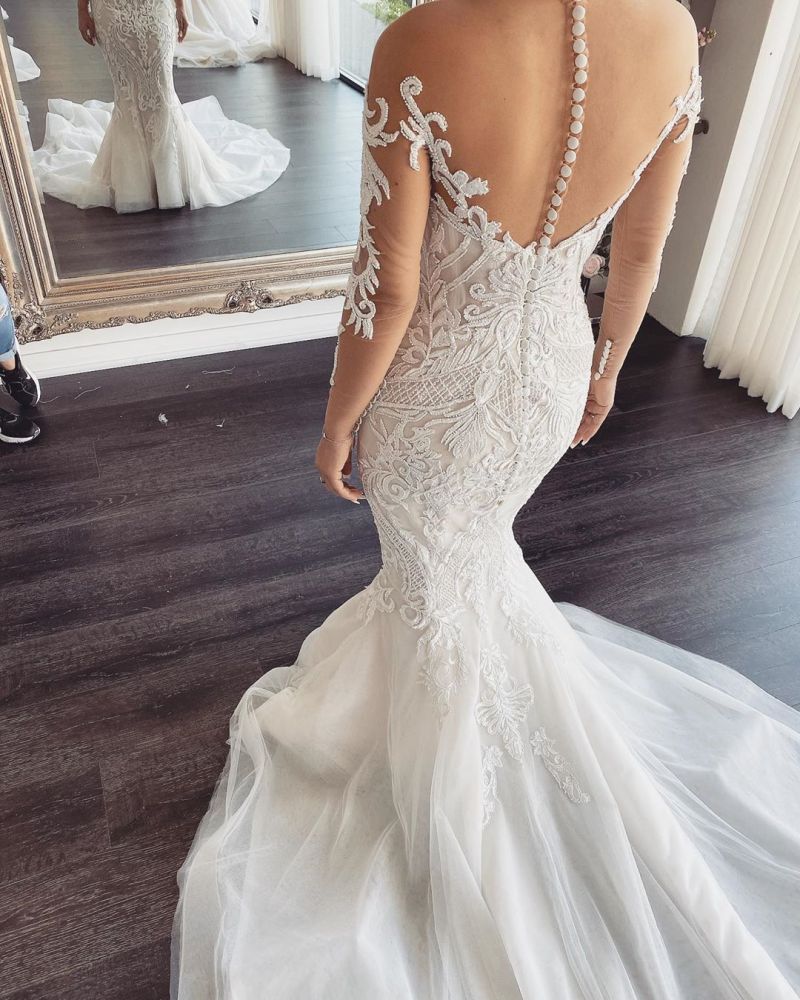 Long Sleevess V neck Lace Mermaid white Wedding Dresses Online